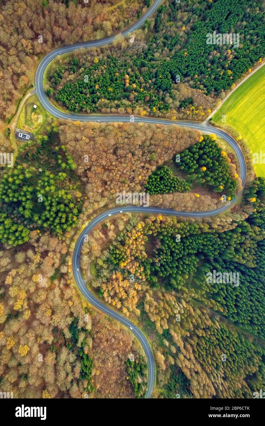 Vista aerea, strada di campagna L 323 con curve, tornanti, percorso motociclistico, Meinerzhagen, area forestale a sud di Meinerzhagen, Sauerland, Märkischer Kreis, Nord Reno-Westfalia, Germania Foto Stock