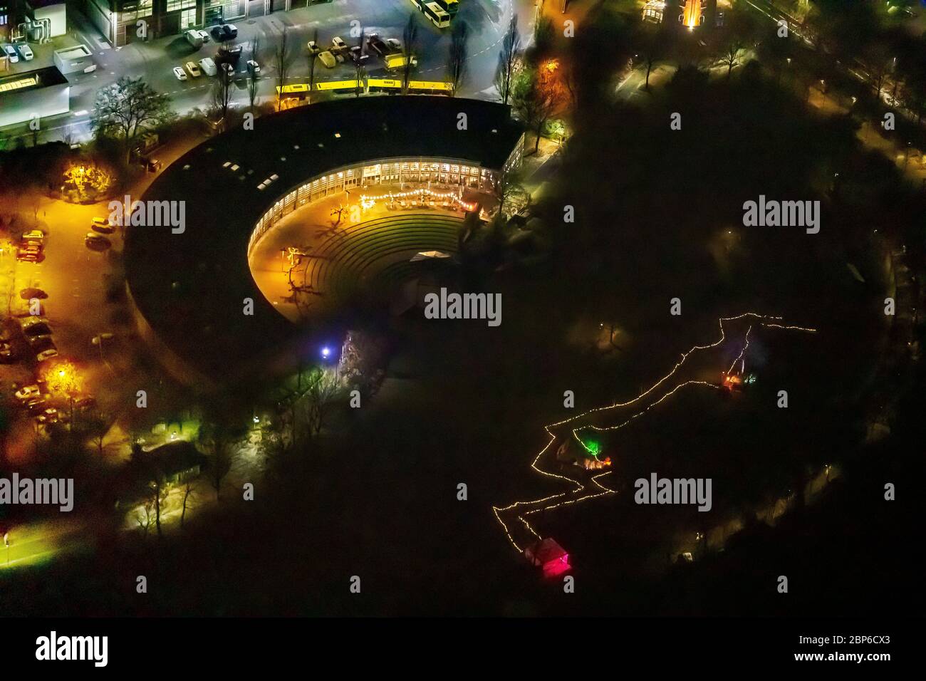 Vista aerea, Ringlokschuppen, Mülheim an der Ruhr, Parco del Castello di Broich, installazioni luminose, Mülheim, zona della Ruhr, Renania settentrionale-Vestfalia, Germania Foto Stock