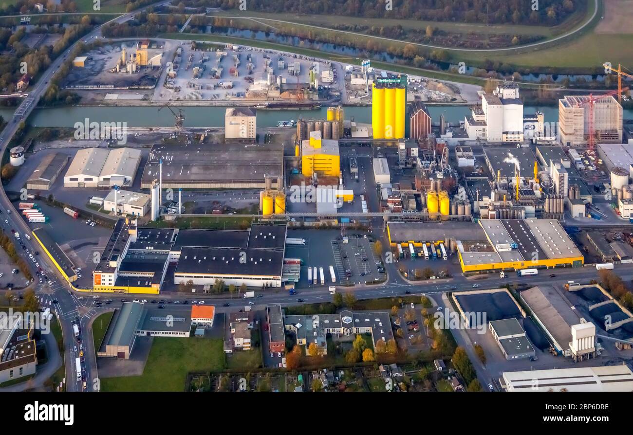 Vista aerea, Hammer Hafen sul canale Datteln-Hamm con frantoio Jäckering e Brökelmann, Brölio, silo nuovo edificio, Hamm, zona Ruhr, Nord Reno-Westfalia, Germania Foto Stock