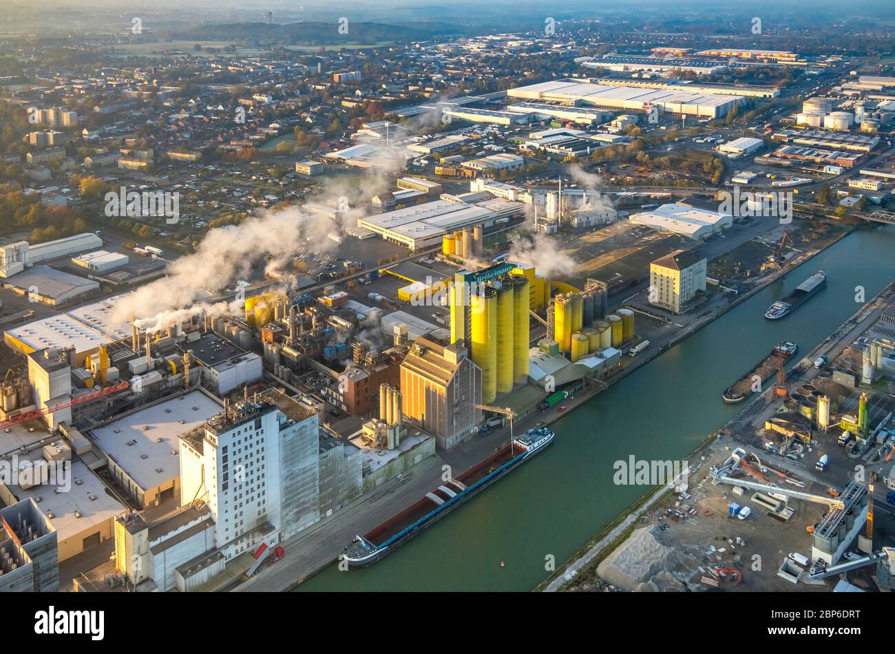 Vista aerea, Hammer Hafen sul canale Datteln-Hamm con frantoio Jäckering e Brökelmann, Brölio, silo nuovo edificio, Hamm, zona Ruhr, Nord Reno-Westfalia, Germania Foto Stock