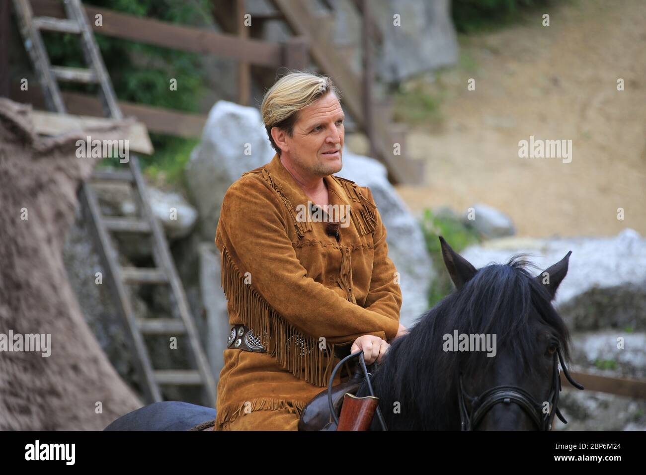 Sascha Gluth (Old Shatterhand), introduzione stampa della nuova stagione del Kayl May Festival sotto avvoltoi - il Figlio del Baehrenjaeger, Bad Segeberg, 21.06.2019 Foto Stock