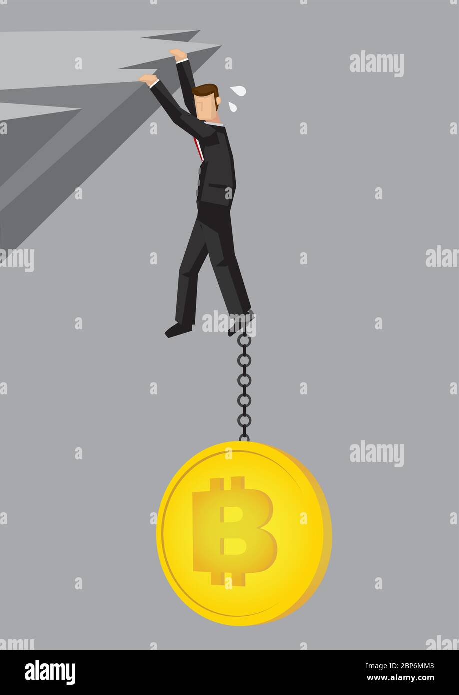 Illustrazione di un uomo d'affari che abbattere da bitcoin su una scogliera. Concetto di business della caduta della criptovaluta. Illustrazione Vettoriale