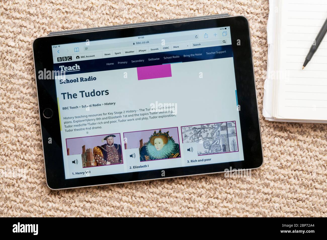 Il sito web della BBC Schools radio che mostra un programma di storia sui Tudor per gli studenti della storia della fase 2 chiave. Foto Stock