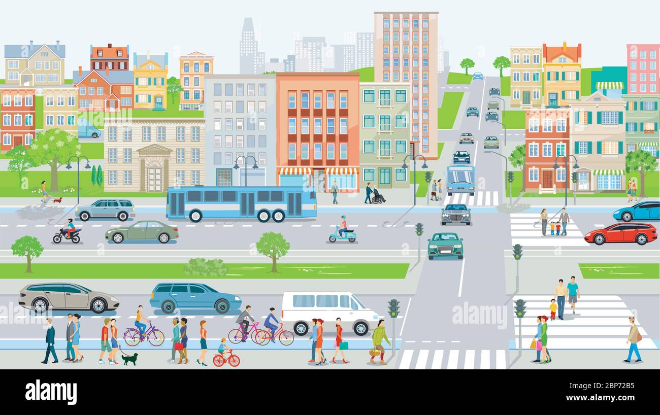 Città con i mezzi pubblici, pedoni e traffico stradale, illustrazione Illustrazione Vettoriale