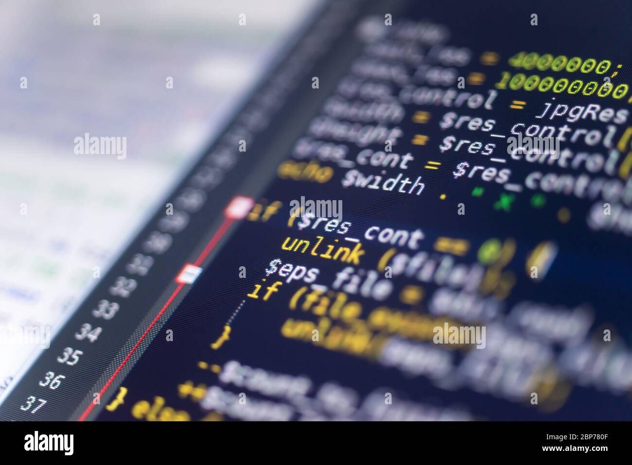 Codice PHP su un monitor, concetto di programmazione Foto Stock
