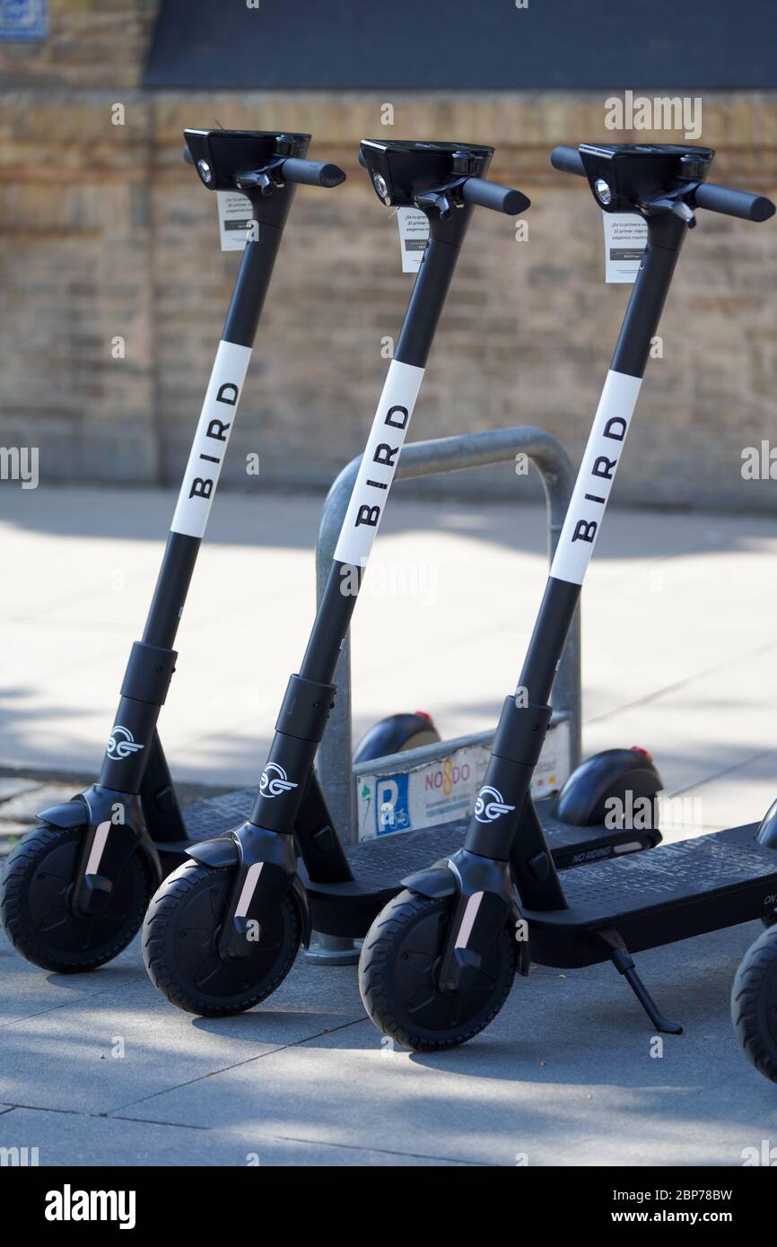 Symbolfotos und Symbolbilder des neuen e-Scooter Anbieters BIRD mit Logo in Deutschland. Foto Stock