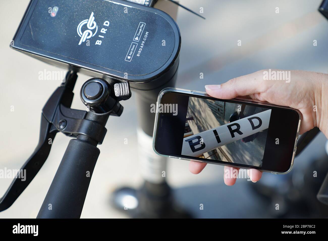 Symbolfotos und Symbolbilder des neuen e-Scooter Anbieters BIRD mit Logo in Deutschland. Foto Stock