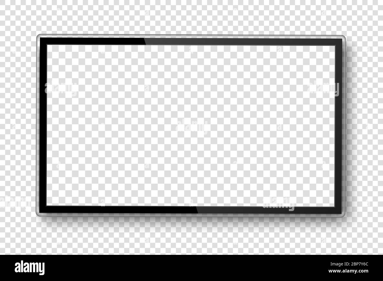 Schermo TV. Monitor 4K ultra hd realistico. Schermo tv nero vuoto. Televisione moderna ad alta definizione. Display vettoriale LCD isolato su trasparente Illustrazione Vettoriale