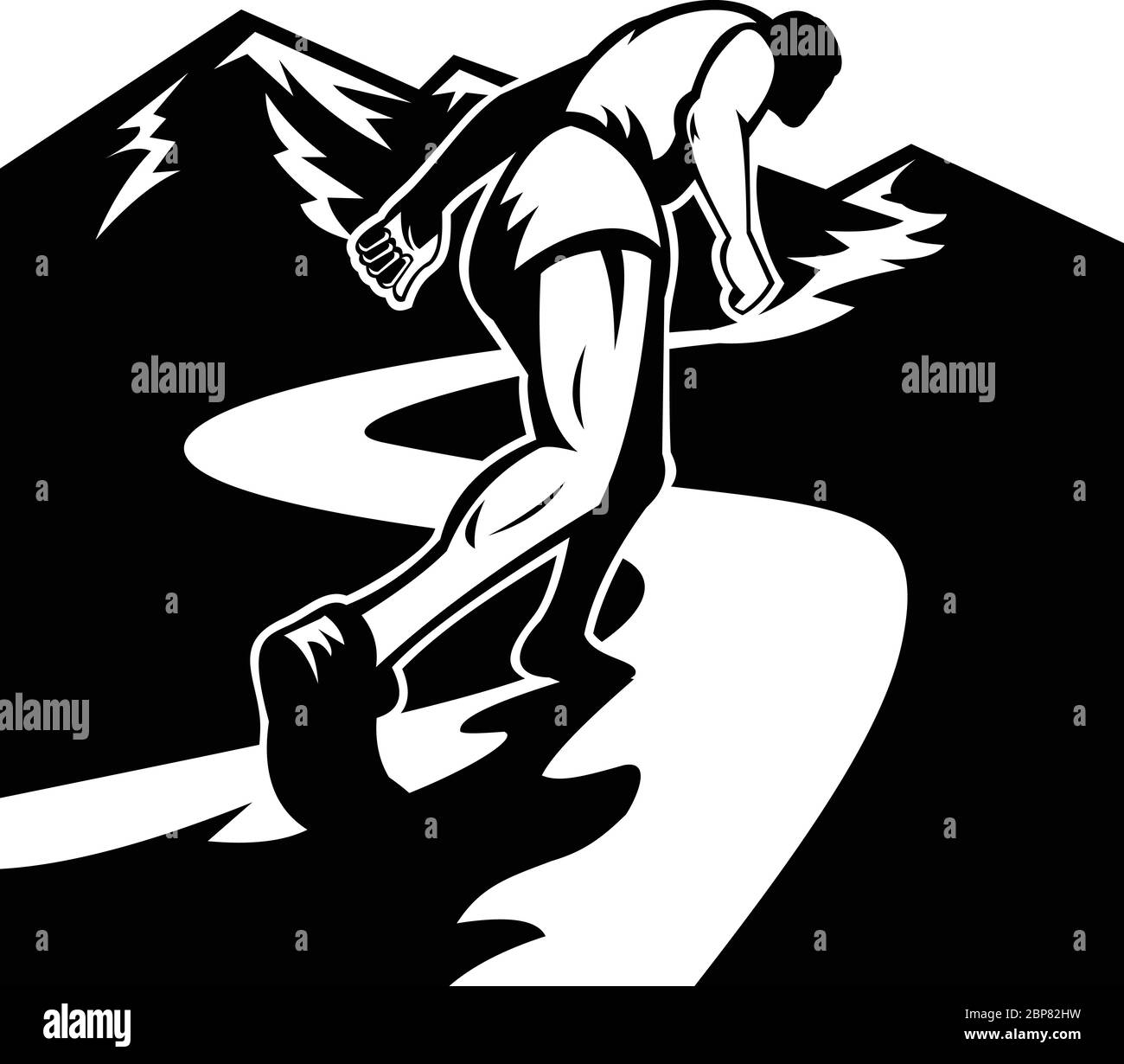 Illustrazione in stile retrò di una silhouette di un corridore maratona che corre e che lotta per correre in salita fino alla cima della montagna visto da un angolo basso fatto in Illustrazione Vettoriale