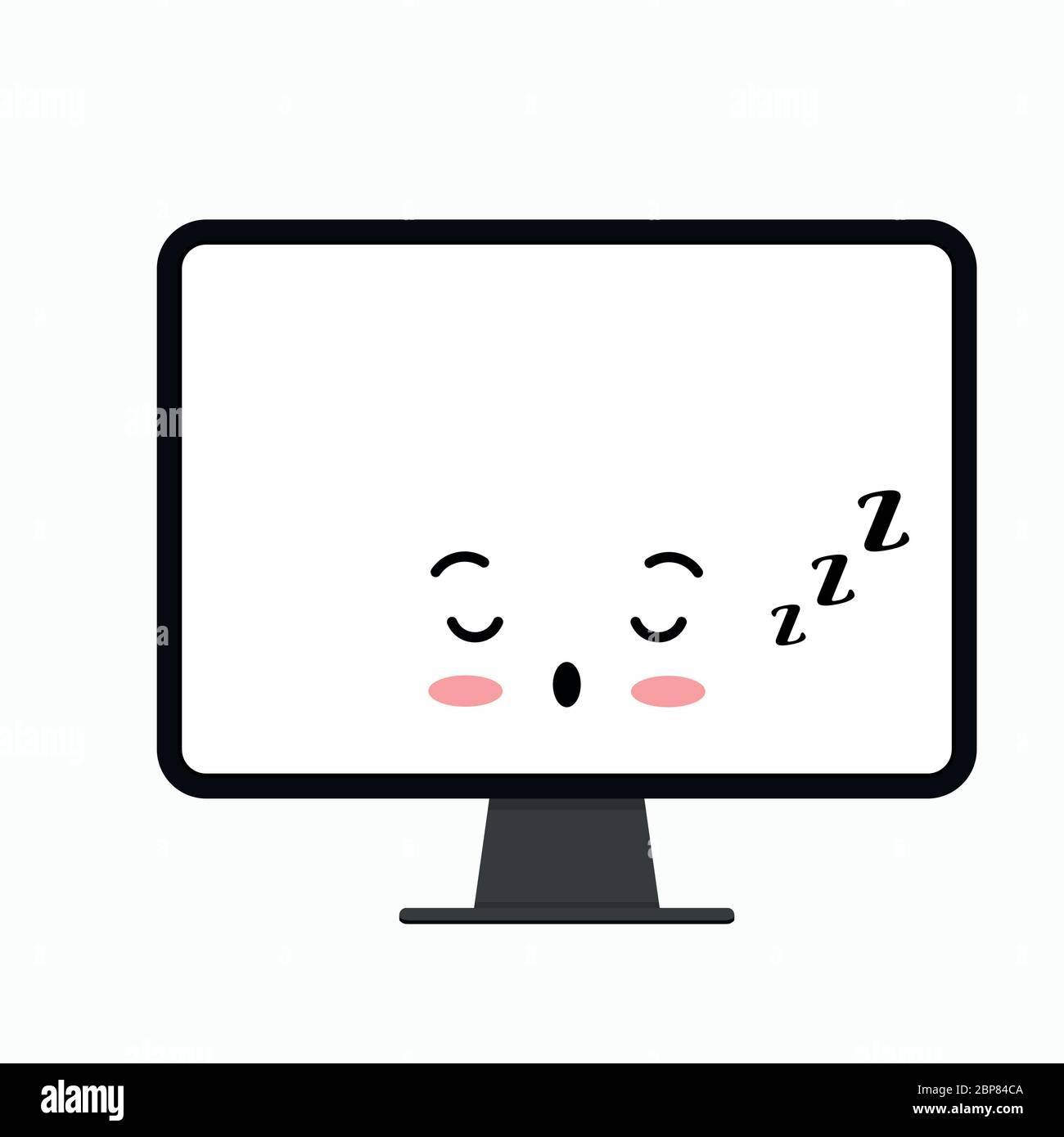 Sospensione dell'icona del vettore emoji del monitor del computer isolata in bianco. Addormentato emoticon nero dello schermo del computer. Carino divertente stile kawaii viso. Caratteristiche digitali Illustrazione Vettoriale