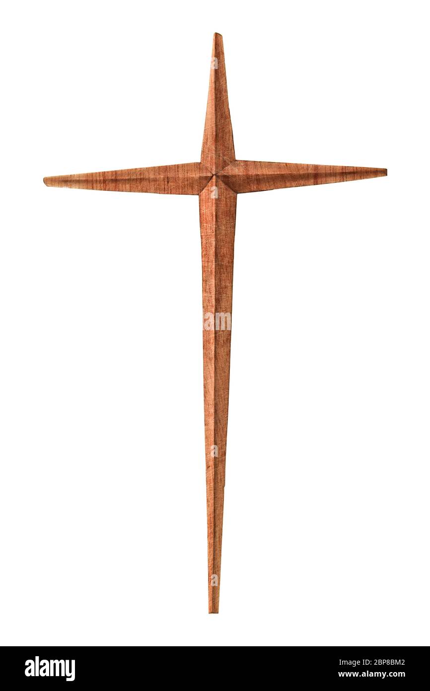 Croce cristiana di legno isolata su sfondo bianco Foto Stock