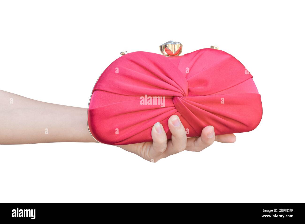 borsa a frizione rossa luxury con tenuta a mano isolata su sfondo bianco. oggetto con percorso di ritaglio. Foto Stock