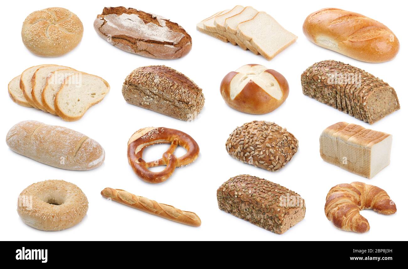 Sammlung verschiedene Sorten Brot Brote Backwaren Brötchen Freisteller freigestellt isoliert vor einem weissen Hintergrund Foto Stock