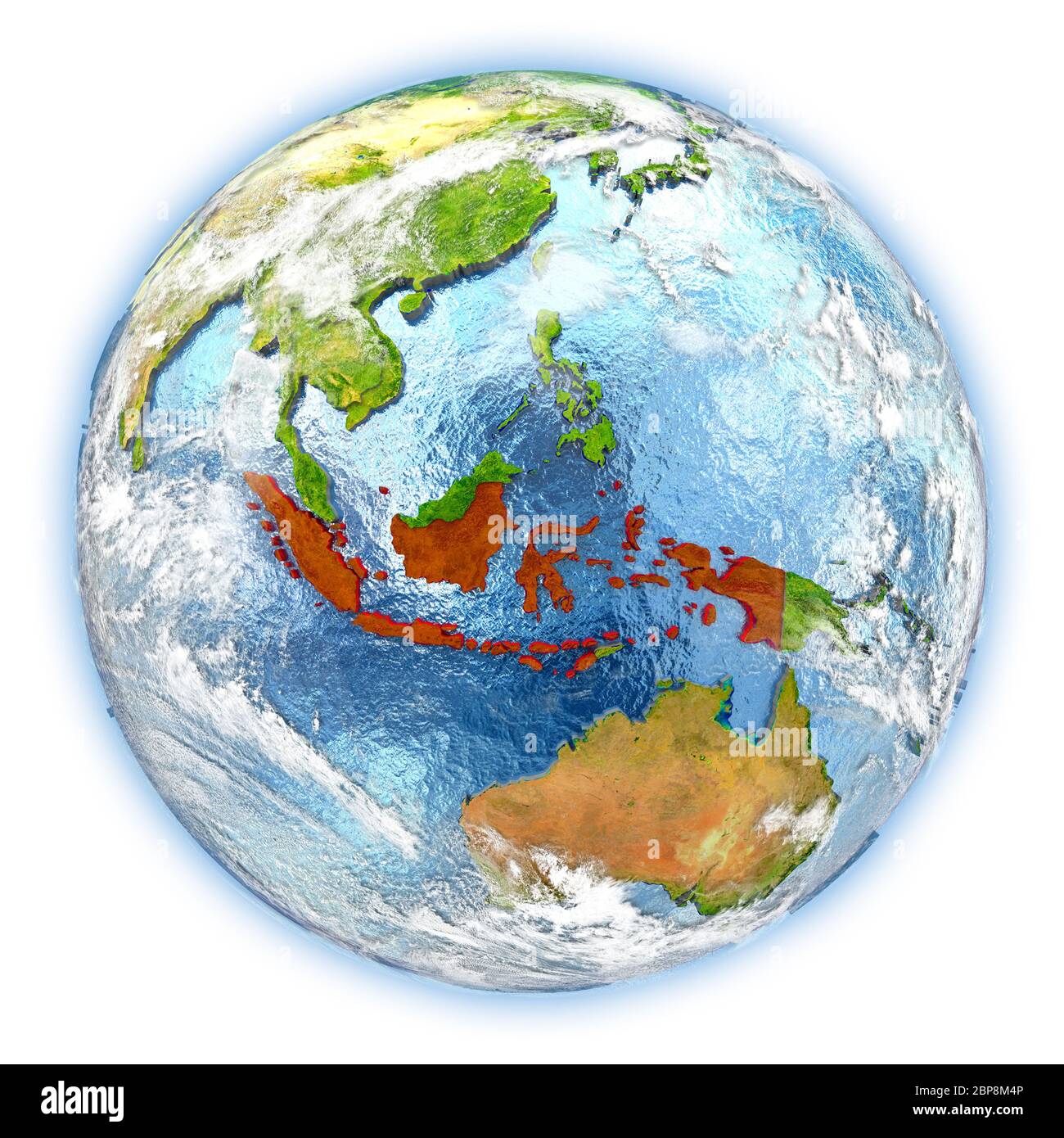 Indonesia evidenziata in rosso sul pianeta Terra. 3D illustrazione isolati su sfondo bianco. Gli elementi di questa immagine fornita dalla NASA. Foto Stock