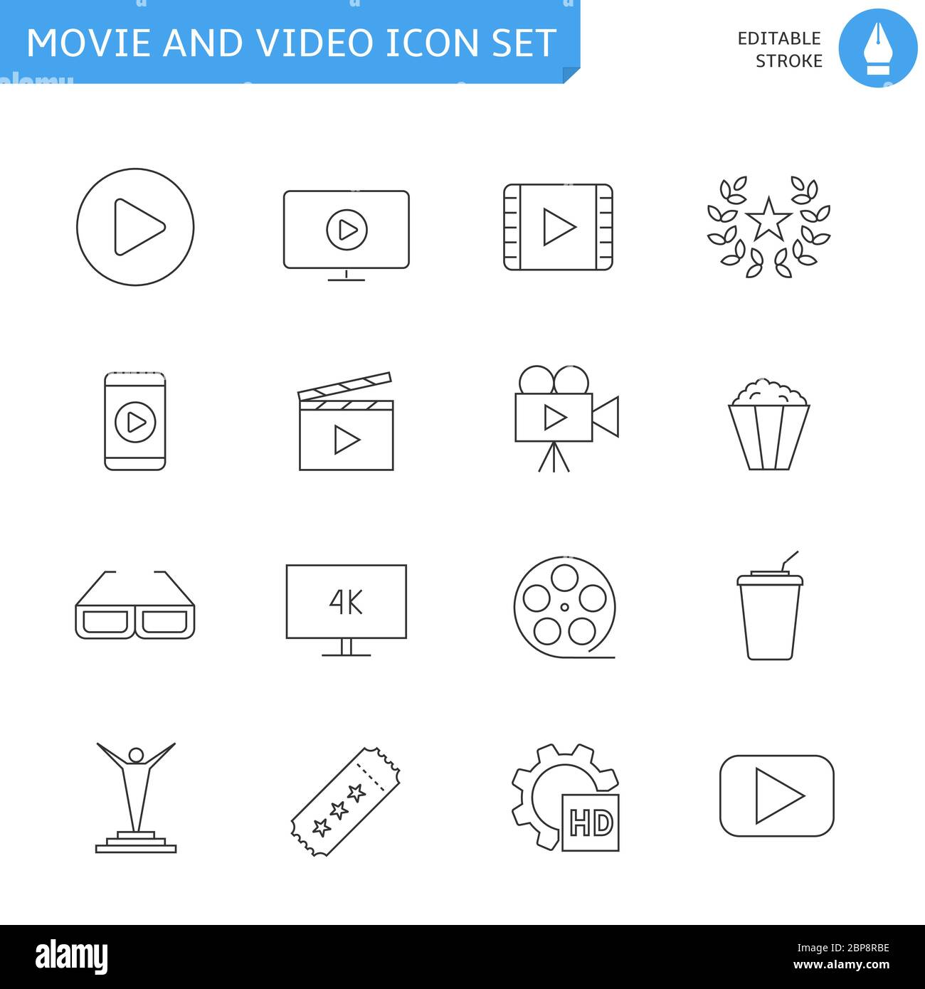 Set di icone di film e video sottili Illustrazione Vettoriale