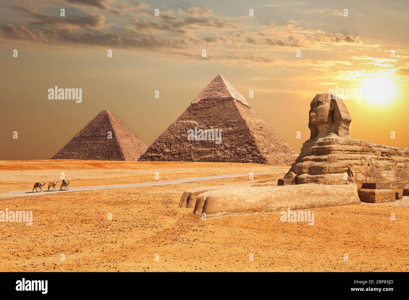 La sfinge e le piramidi al tramonto in Giza. Foto Stock