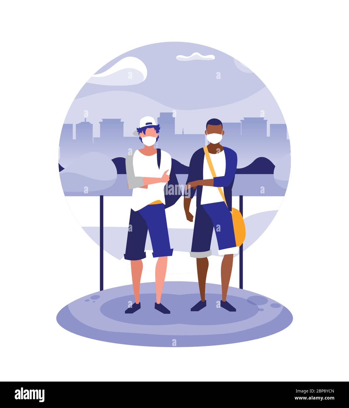 Uomini con maschere al parco di fronte agli edifici della città design del virus Covid 19 tema illustrazione vettoriale Illustrazione Vettoriale