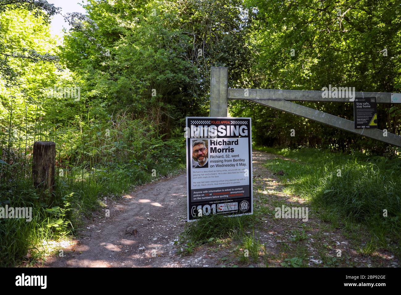 I manifesti che invocano informazioni sul diplomatico mancante Richard Morris sono stati messi in su alla foresta di Alice Holt vicino a Farnham. Il 52 anni non è stato visto da quando è andato per una corsa nella zona di Bentley, vicino a Farnham. Foto Stock
