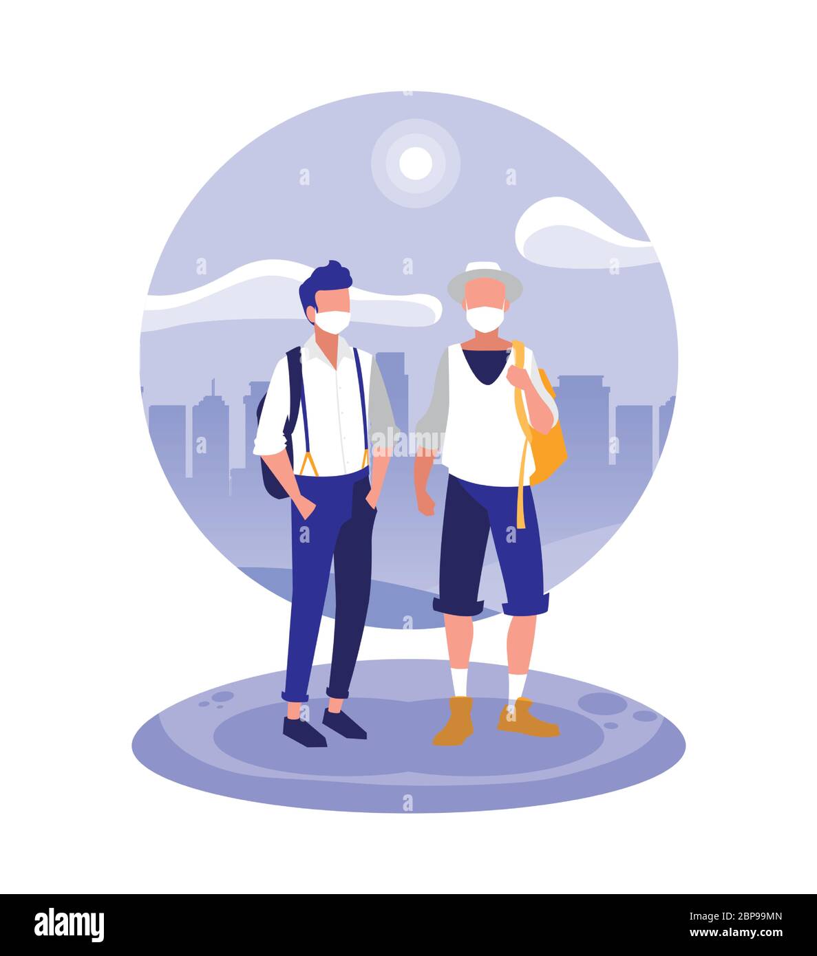 Uomini con maschere al parco di fronte agli edifici della città design del virus Covid 19 tema illustrazione vettoriale Illustrazione Vettoriale