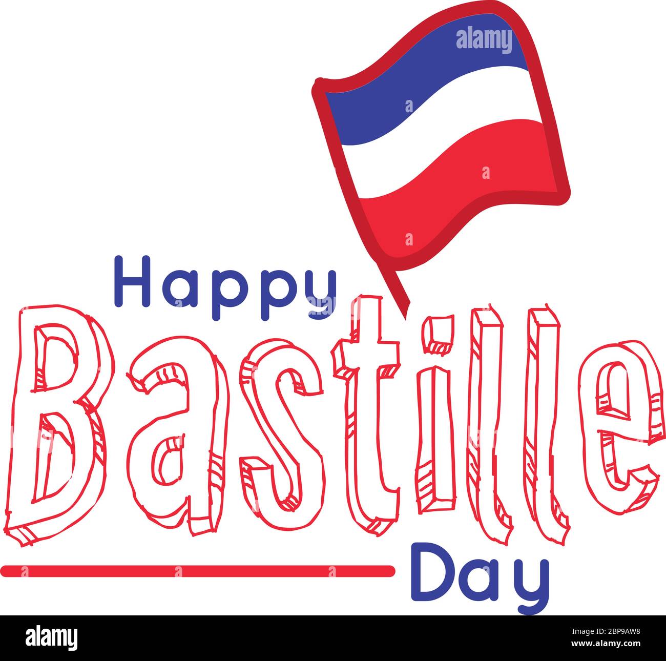 scritta bastille day con disegno a mano con bandiera Illustrazione Vettoriale