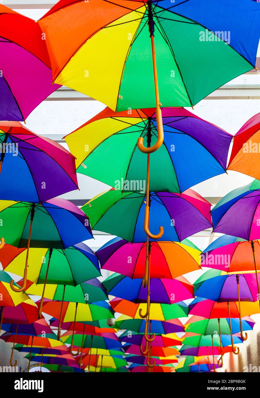 Ombrelloni colorati. Protezione contro la pioggia. L'ombrello è aperto. Colori arcobaleno. Ombrelli su sfondo bianco. Ornamento arcobaleno. Foto Stock