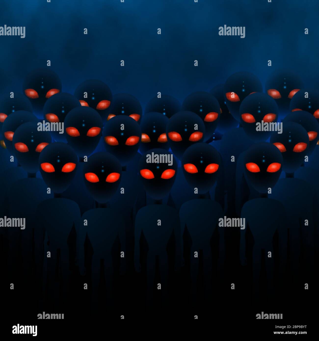 Gruppo alieni arrabbiati con occhi rossi. Invasione aliena. Concetto fantascientifico. Illustrazione vettoriale Illustrazione Vettoriale