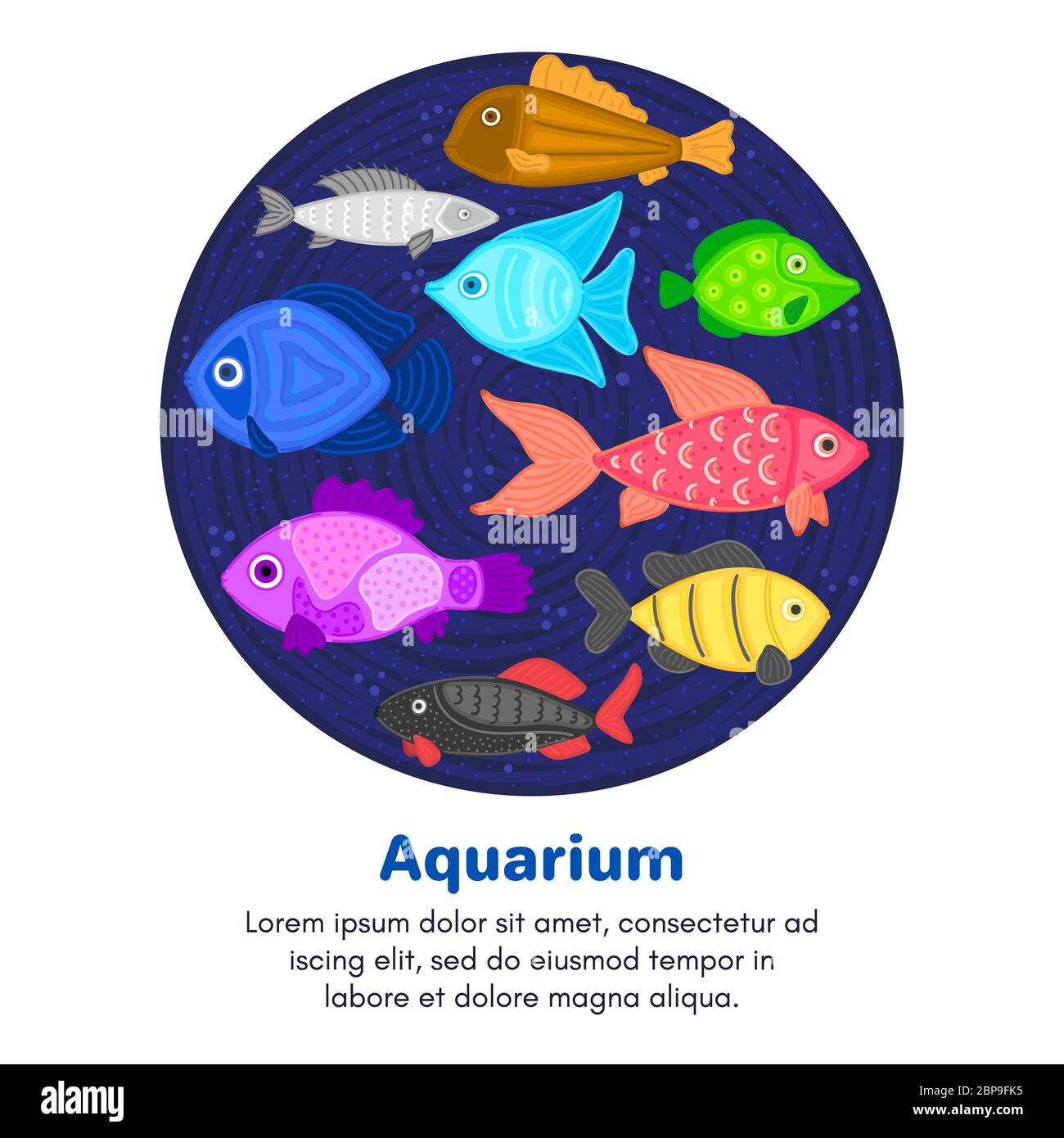 Vettore colorato cartoon pesce in forma circolare. Mondo sottomarino. Acquario. Vita marina carina. Pesci. Brochure, volantino, etichetta, copertina, poster, banner, pac Foto Stock