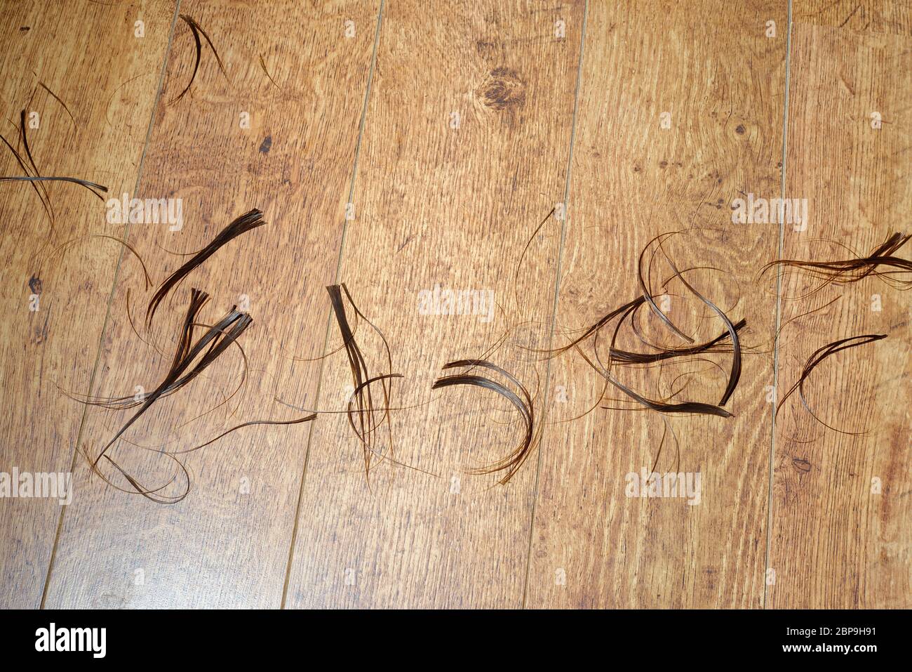 Ricci di capelli tagliati sul pavimento. Foto Stock