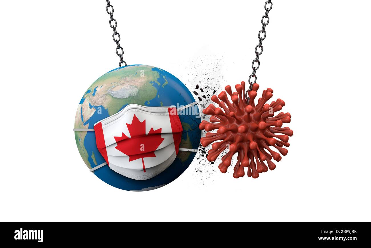 Il coronavirus che si schiantò nel mondo indossando una maschera canadese. Rendering 3D Foto Stock