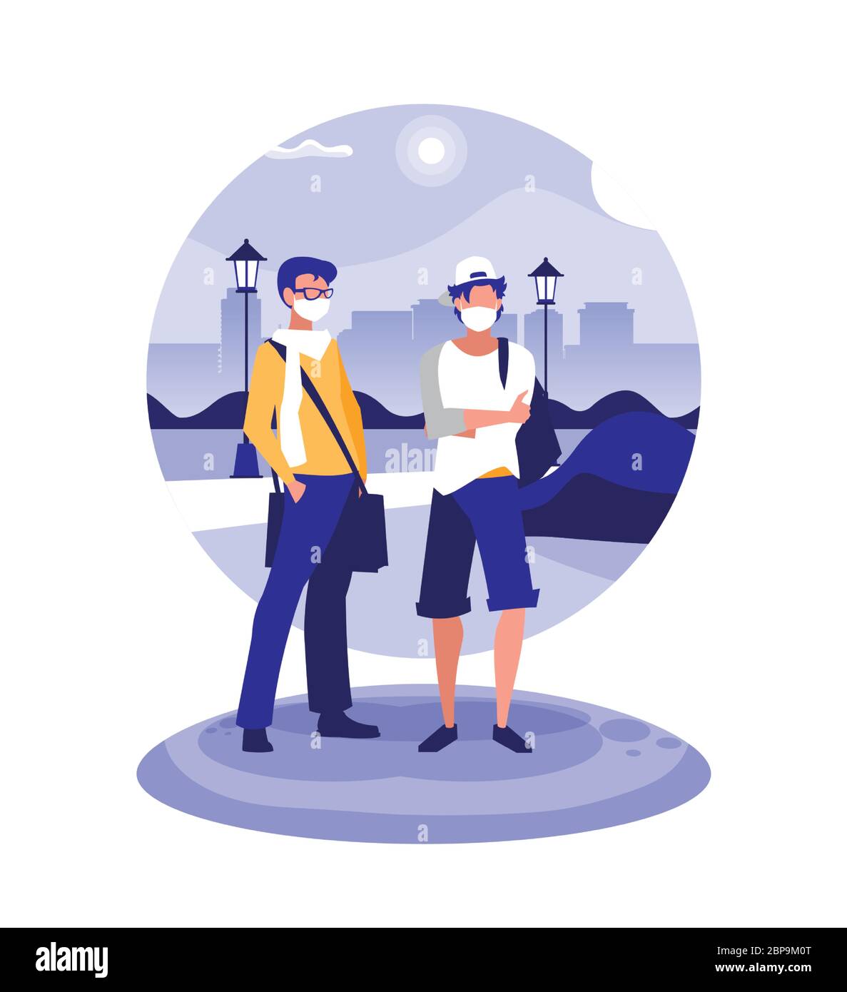 Uomini con maschere al parco di fronte agli edifici della città design del virus Covid 19 tema illustrazione vettoriale Illustrazione Vettoriale