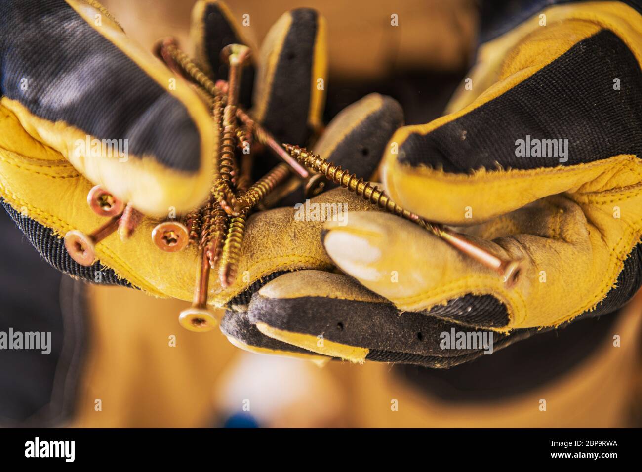 Primo piano di lavoro per l'edilizia mani in guanti che tiene un mazzo di viti lunghe dorate. Foto Stock
