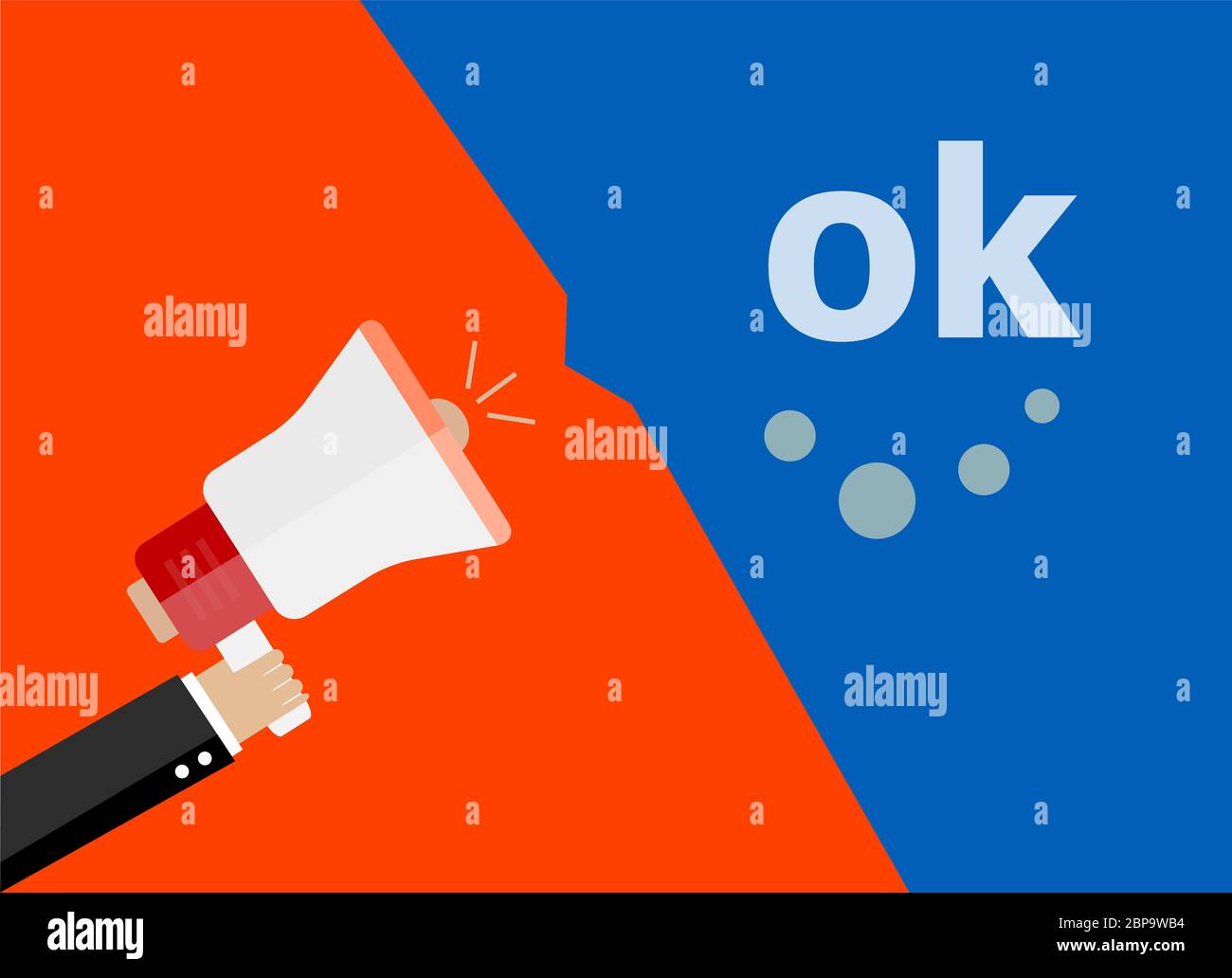 concetto aziendale di design piatto. OK uomo di affari di marketing digitale che tiene megafono per banner di promozione e sito web. Foto Stock