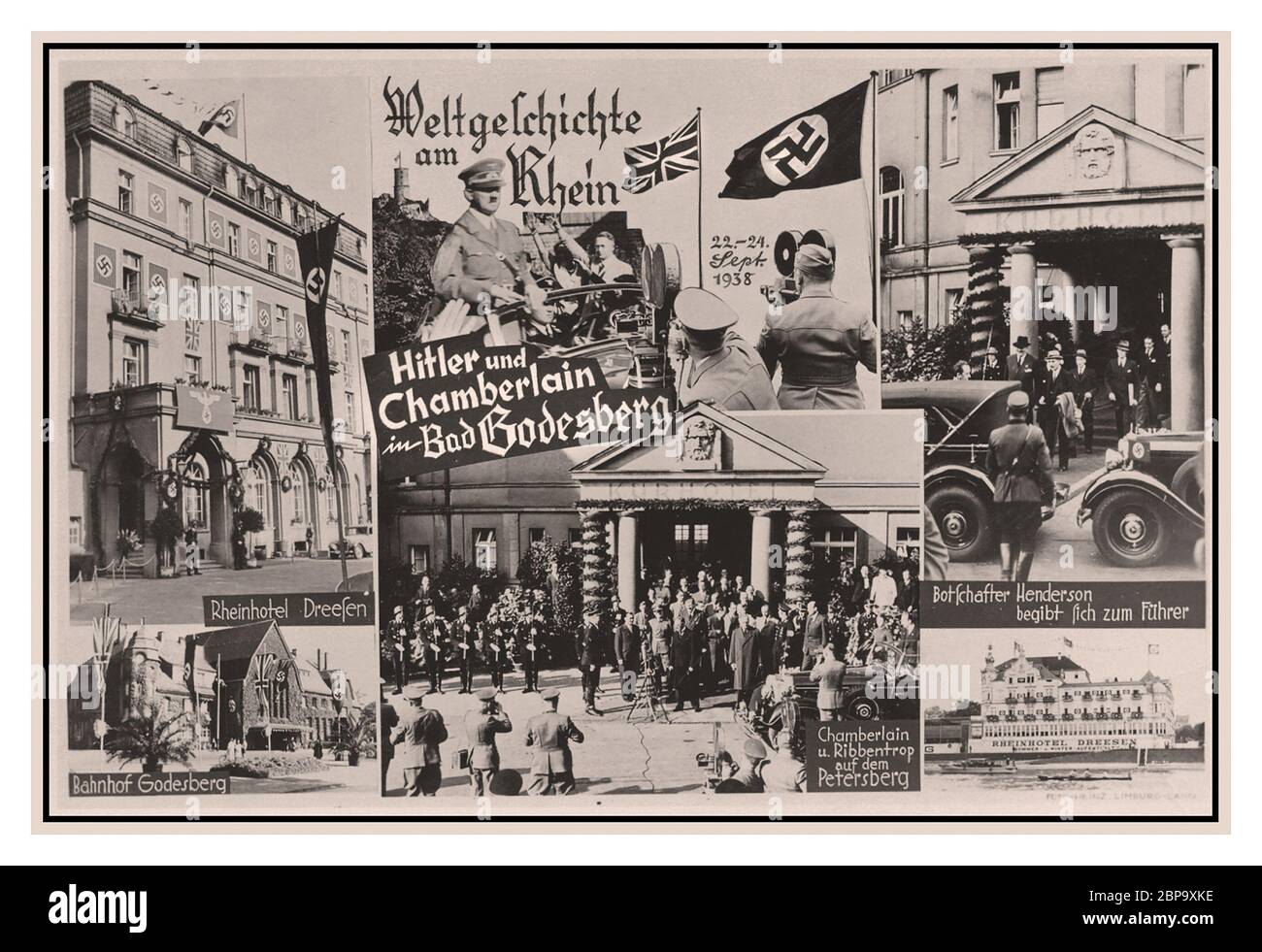 HITLER CHAMBERLAIN 1938 primo ministro britannico Neville Chamberlain Visita all'hotel tedesco Petersberg per incontrare Ribbentrop dal 22 al 24 ottobre 1938. Chamberlain vi soggiornò durante la crisi del Sudetenland. ‘Storia del mondo sulla cartolina commemorativa del Reno di Hitler & Chamberlain a Bad Godesberg Germania Foto Stock