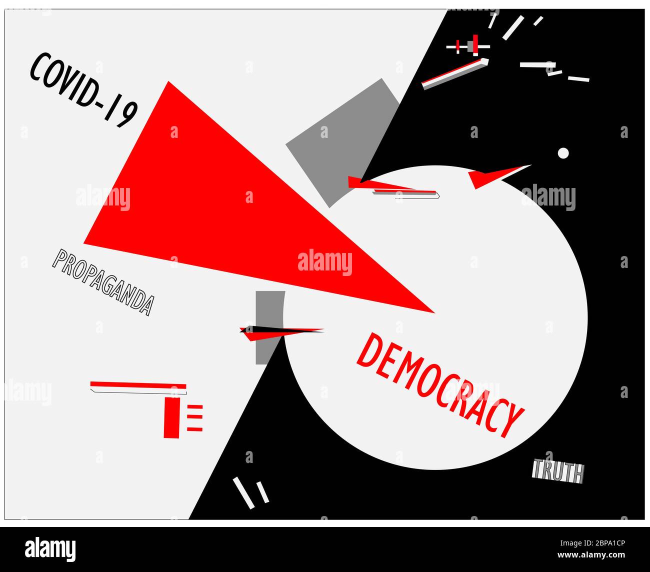 Covid-19 propaganda contro la democrazia e la verità manifesto nel suprematismo stile d'arte contemporanea. El Lissitzky Foto Stock