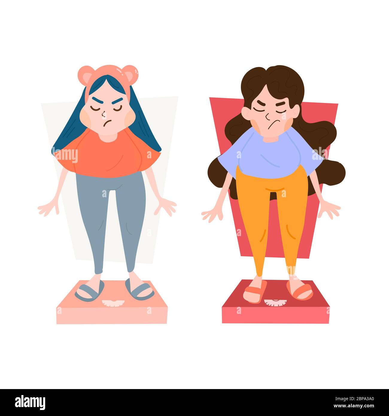 Due ragazze carine e piccole cartone animato in piedi sulla scala e non sembra così felice circa il loro sovrappeso. Perdita di peso tema. Dieta. Auto vettoriale Illustrazione Vettoriale