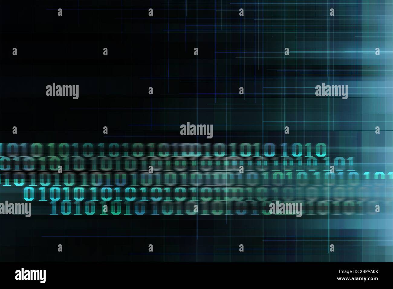 visualizzazione dello schermo bit di dati del codice binario su sfondo blu scuro matrice del flusso di dati. Aumento dell'era dell'intelligenza artificiale dei big data. Trasferimento dei dati di intelligenza artificiale. Foto Stock