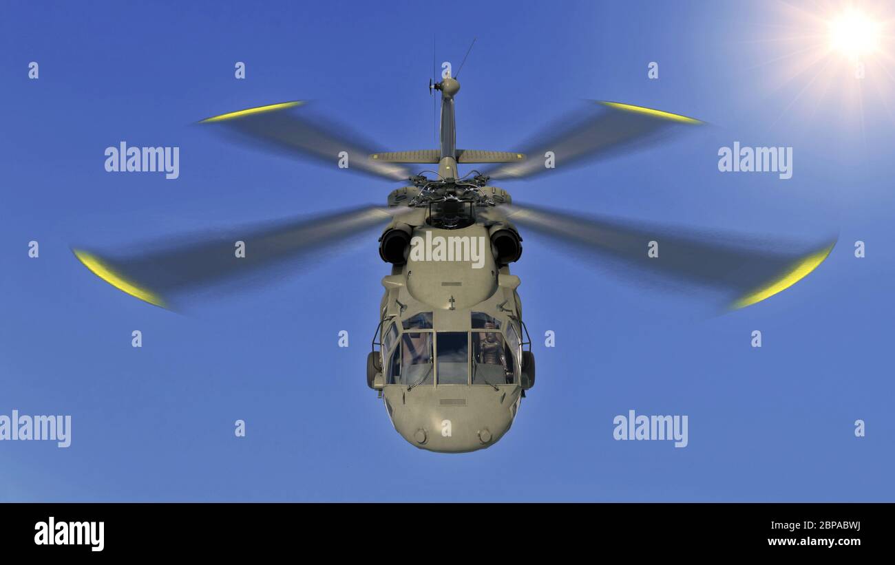 Elicottero in volo, aereo militare, elicottero militare che vola in cielo con nuvole, vista frontale dall'alto, rendering 3D Foto Stock