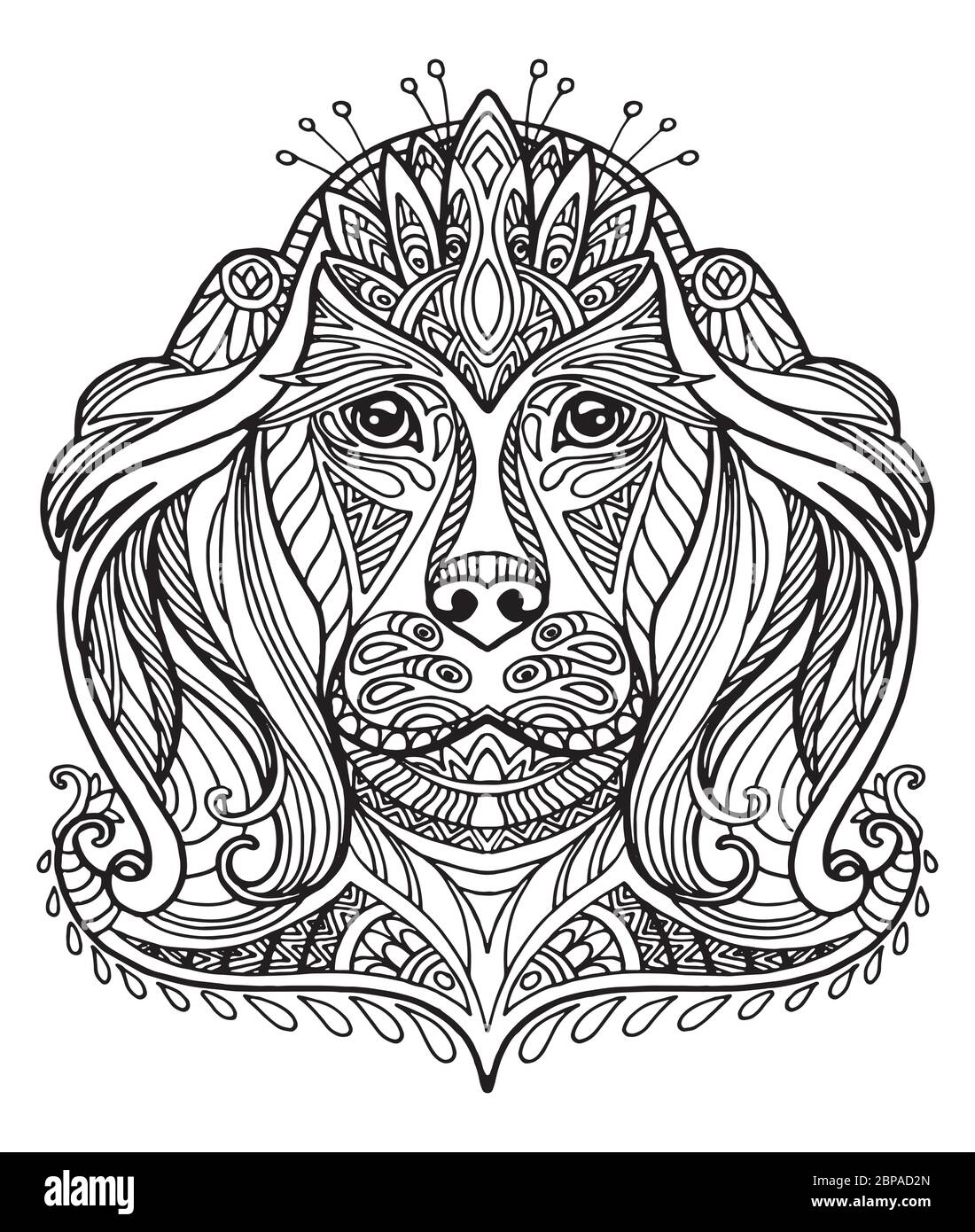 Vettore decorativo doodle testa ornamentale del cane. Illustrazione vettoriale astratta del contorno nero del cane isolato su sfondo bianco. Illustrazione del magazzino per Illustrazione Vettoriale