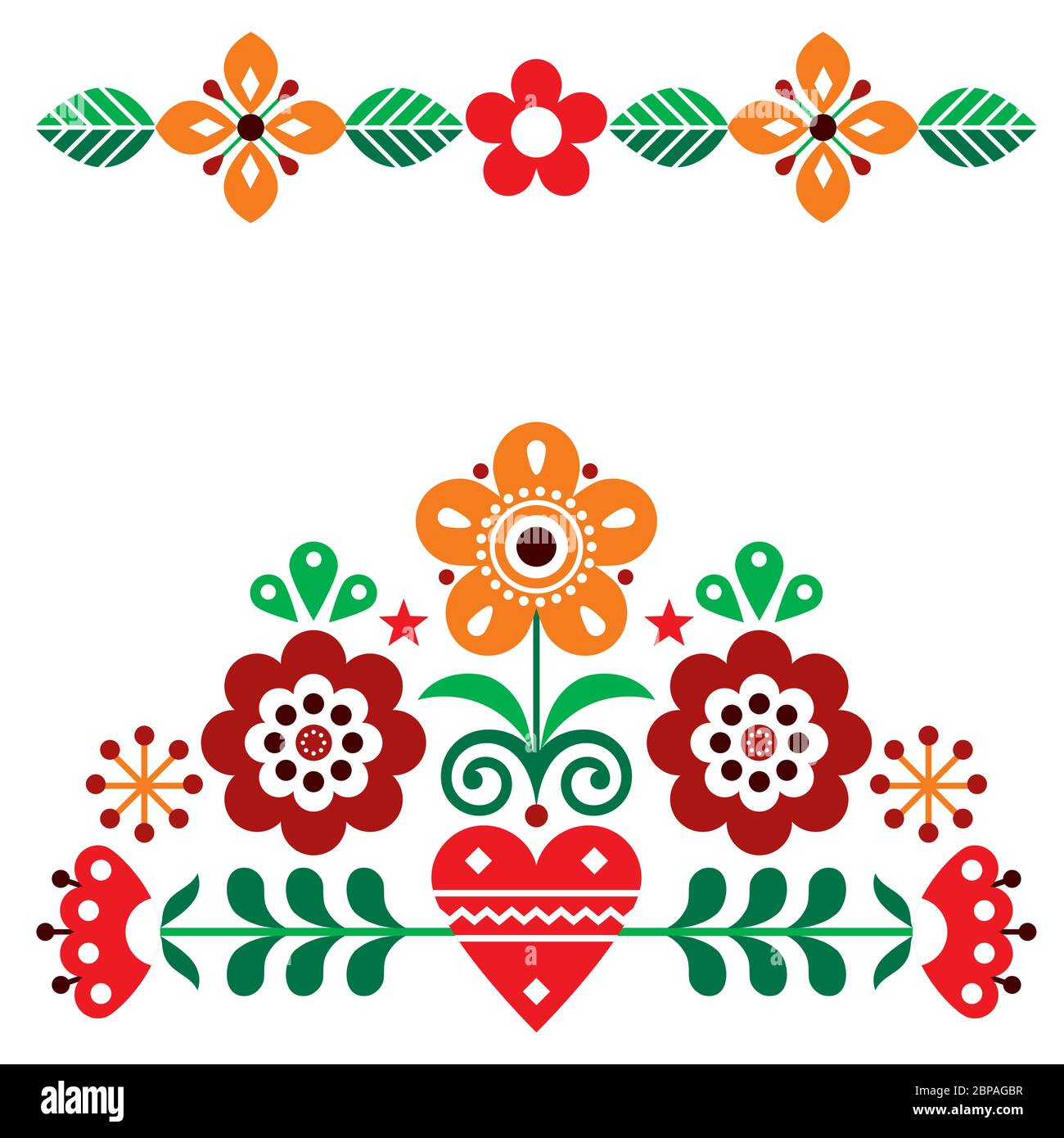 Carino vettore scandinavo carino biglietto d'auguri con fiori, autunno floreale design ispirato da ricami tradizionali provenienti da Svezia, Norvegia e Den Illustrazione Vettoriale