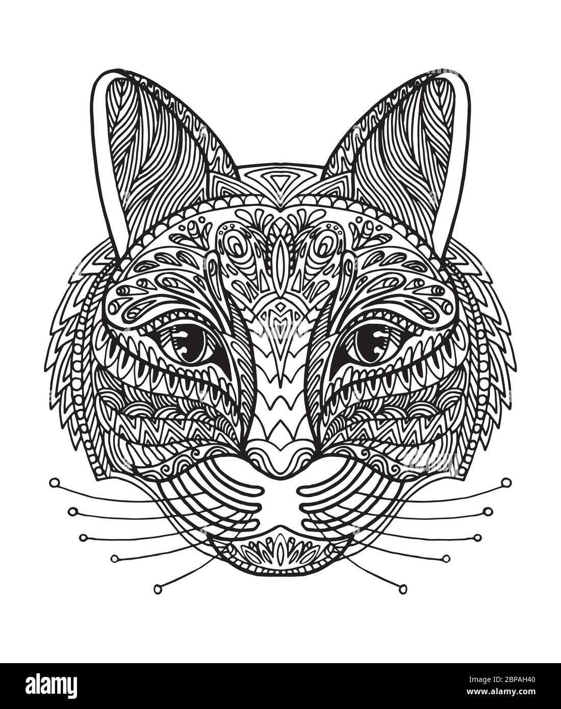 Vettore decorativo doodle testa ornamentale del gatto. Illustrazione vettoriale astratta del contorno nero del gatto isolato su sfondo bianco. Illustrazione del magazzino per Illustrazione Vettoriale
