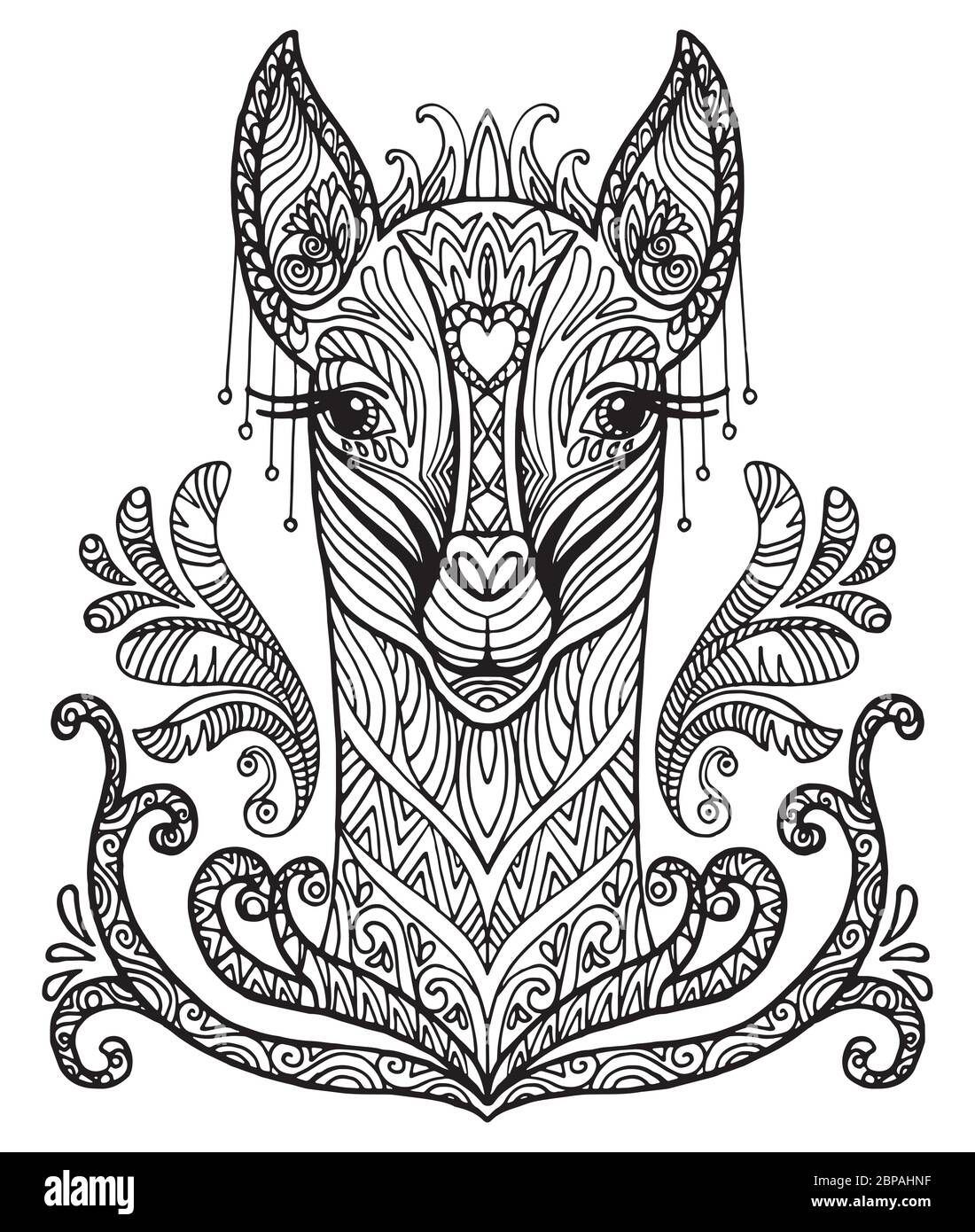 Vettore decorativo doodle testa ornamentale di lama. Illustrazione vettoriale astratta del contorno nero lama isolato su sfondo bianco. Illustrazione del magazzino Illustrazione Vettoriale