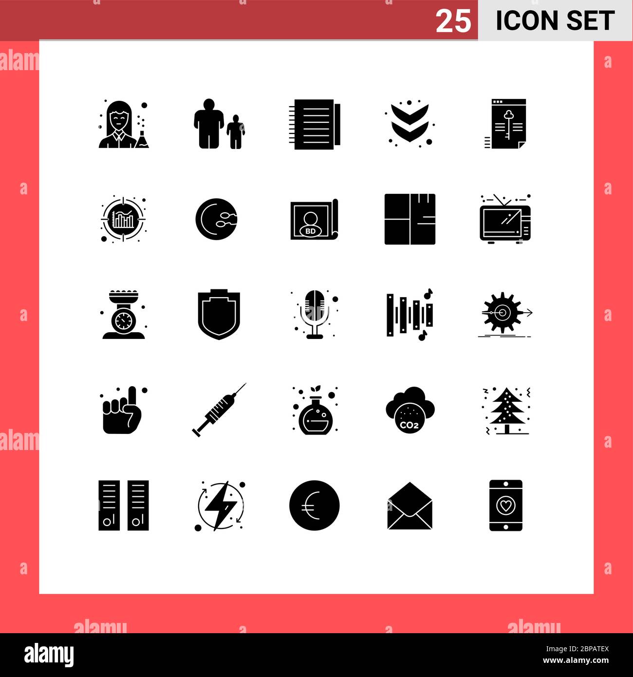 25 interfaccia utente Solid Glyph pacchetto di segni e simboli moderni di elementi di progettazione vettoriale sicuri, completi, con controllo genitori, Down, cartacei Illustrazione Vettoriale