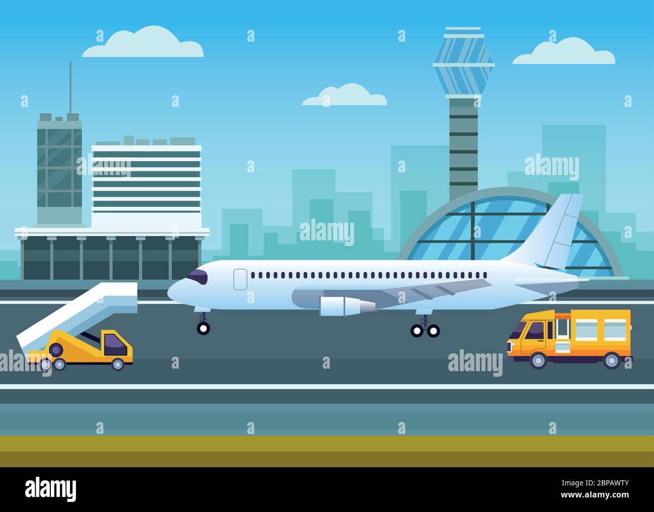aeroporto all'aperto con torre di controllo e aereo Illustrazione Vettoriale