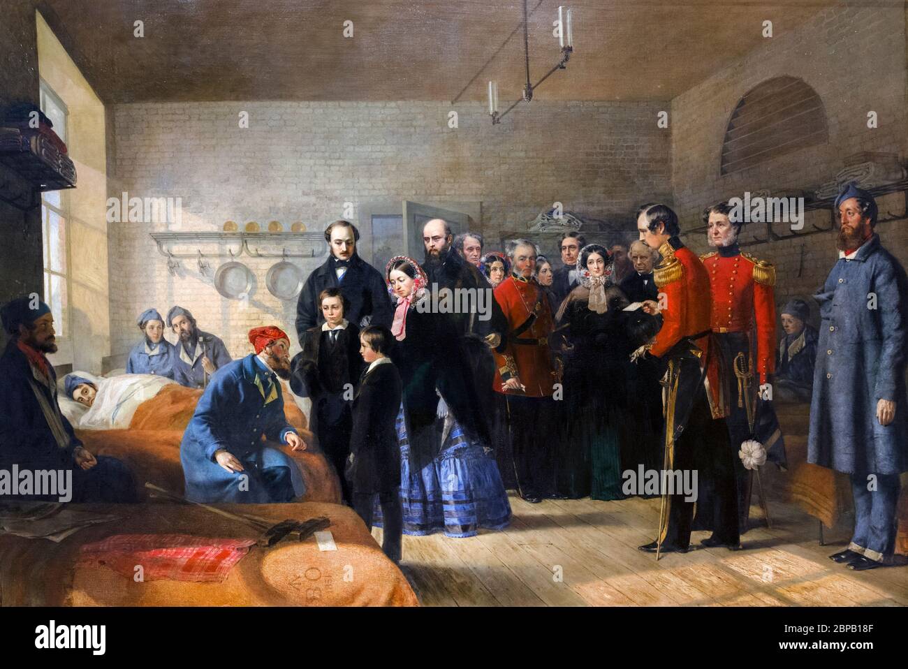 'La prima visita della regina Vittoria ai suoi soldati feriti' di Jerry Barrett, olio su tela, 1856. Foto Stock