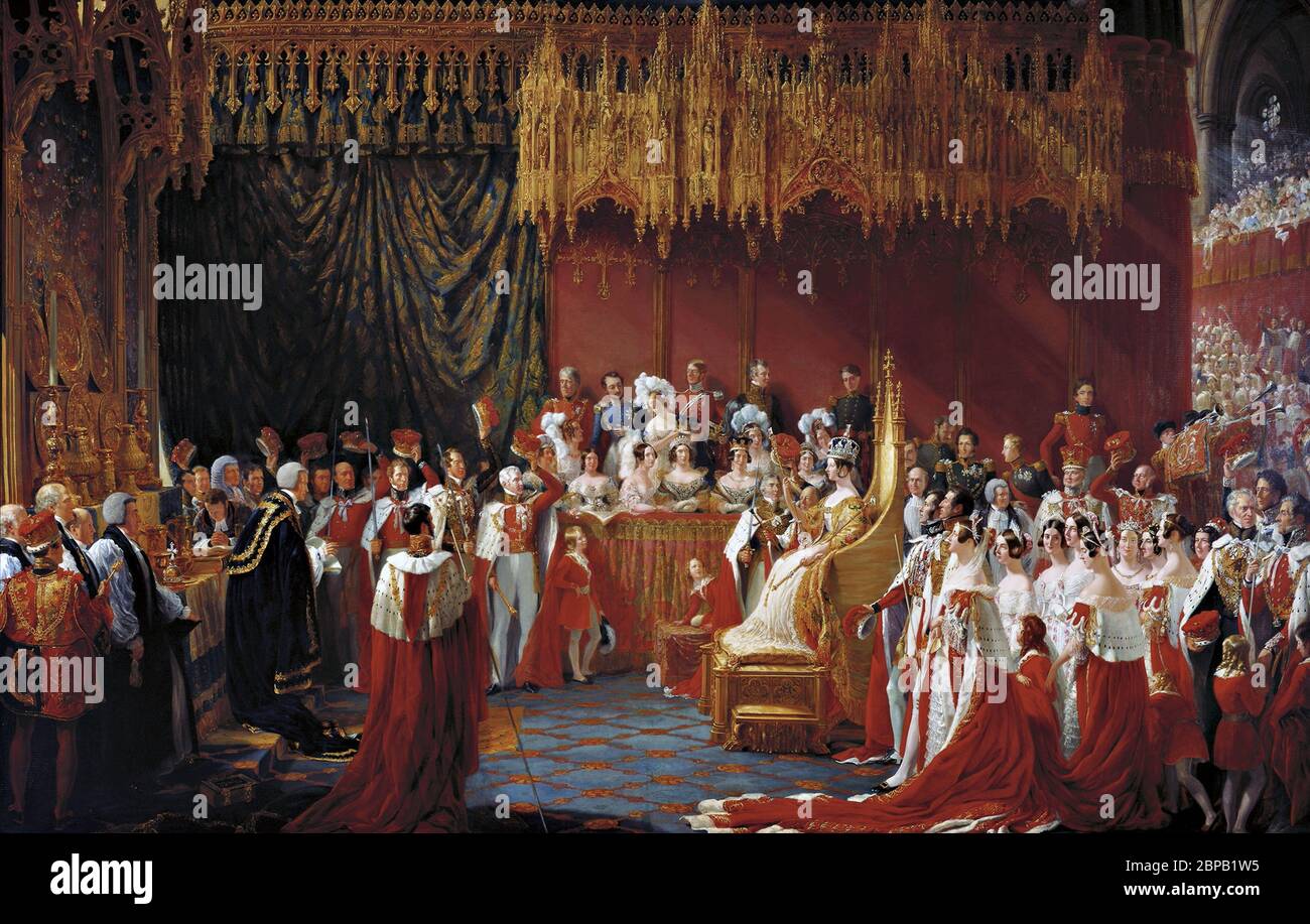 Pittura dell'incoronazione della regina Vittoria d'Inghilterra. L'incoronazione della Regina Vittoria nell'Abbazia di Westminster, 28 giugno 1838 di Sir George Hayter, olio su tela, 1839 Foto Stock
