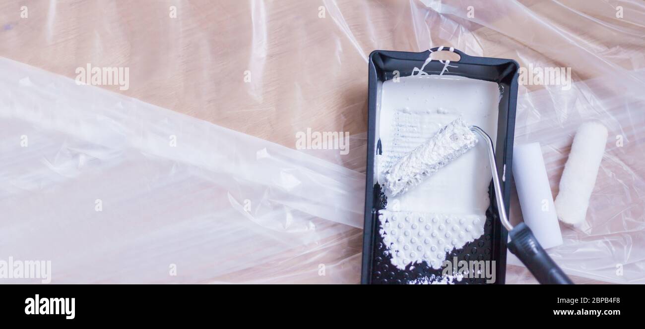 Piccolo rullo di vernice con vernice fresca sul rullo giace sulla lamina del pittore in un vassoio antigoccia Artigianato farlo da soli Foto Stock