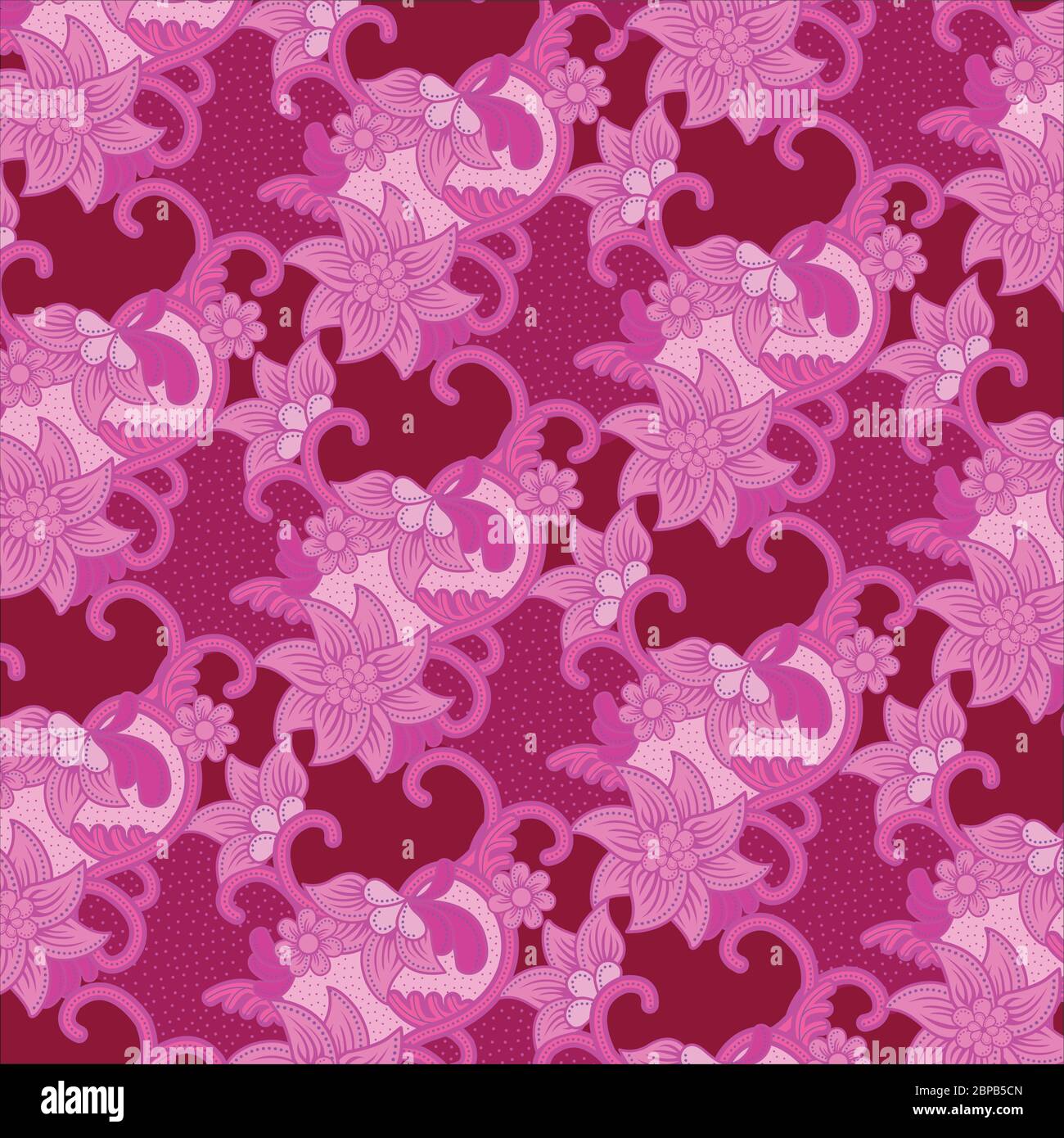 Disegno batik con motivo floreale tradizionale con punti e linee ricce in tonalità rosa. Batik è una tecnica indonesiana di tintura cerata-resistente. Illustrazione Vettoriale