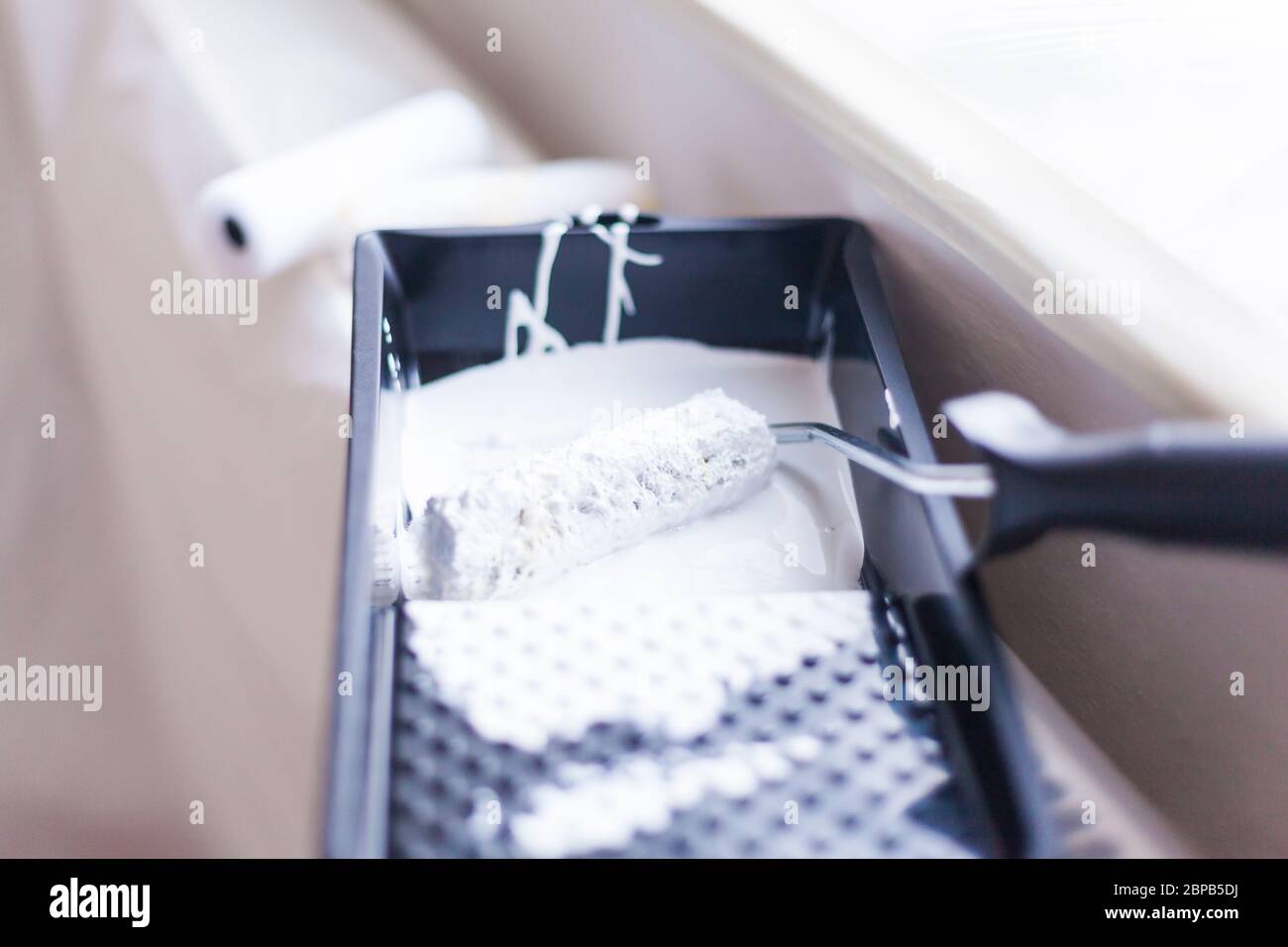 Piccolo rullo di vernice con vernice fresca sul rullo su foglio di pittore in un vassoio antigoccia Artigianato fai da te ristrutturazione Foto Stock