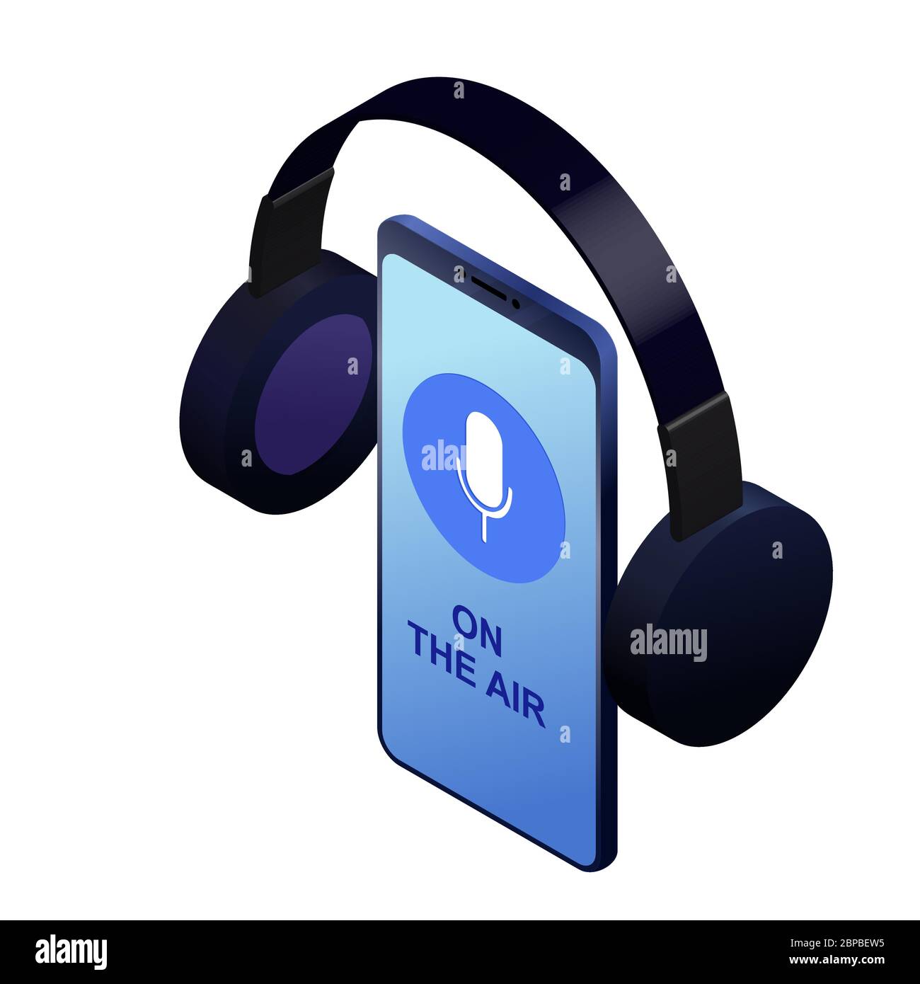 Illustrazione del concetto podcast. Smartphone per la registrazione audio. Musica, webinar o formazione online illustrazione vettoriale isometrica Illustrazione Vettoriale