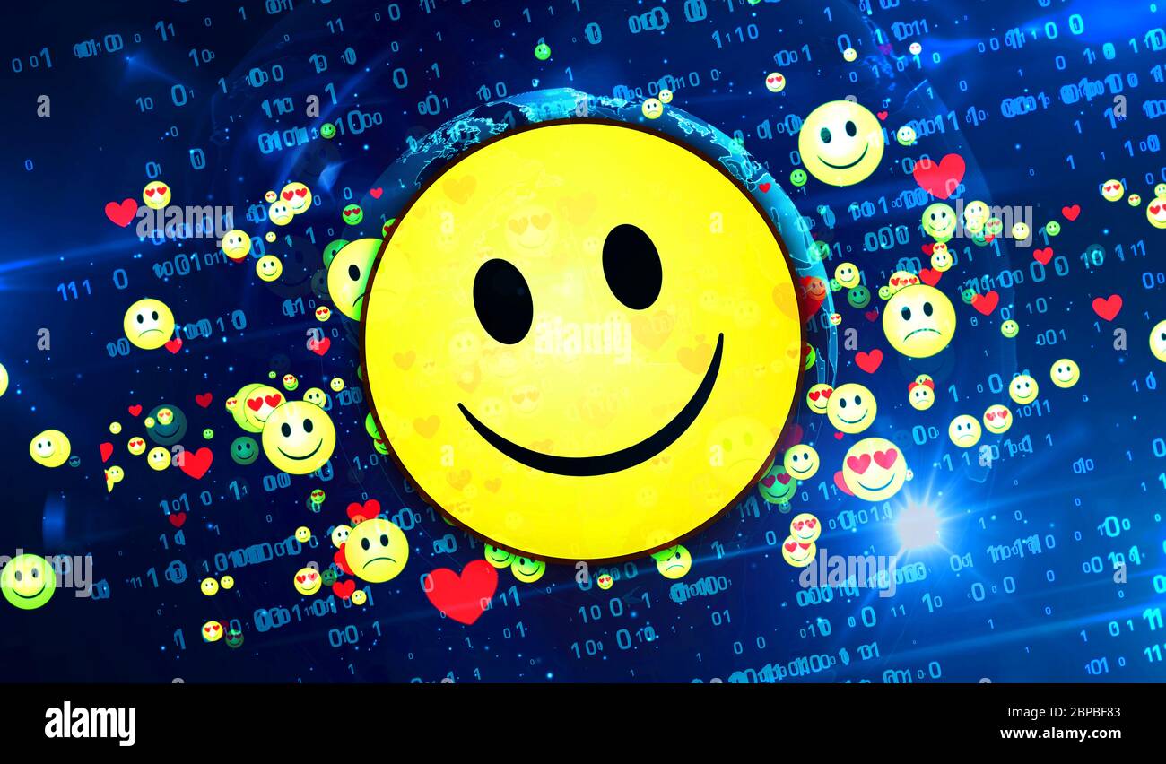 Icona emoji sfondo astratto. Sorriso, amore, triste emoticon simboli 3d illustrazione. Concetto astratto sfondo digitale di chat e social media commun Foto Stock